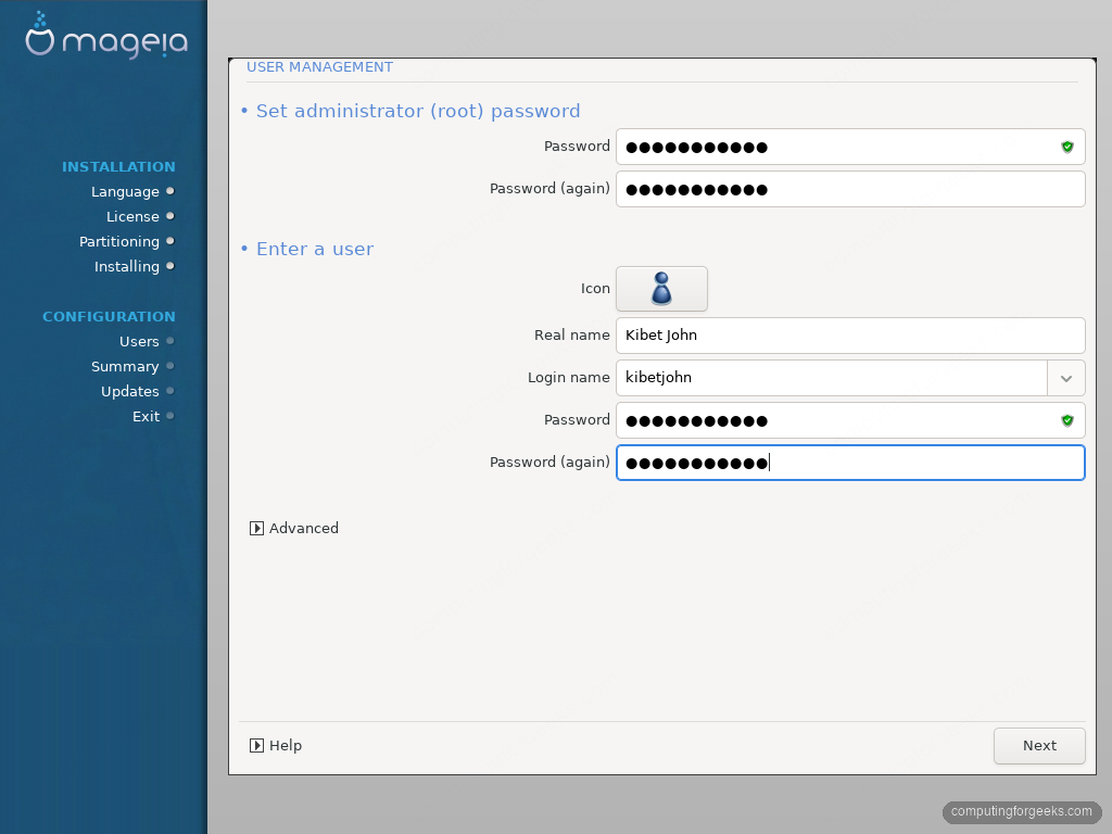 Mageia 10 root password and user account creation screen