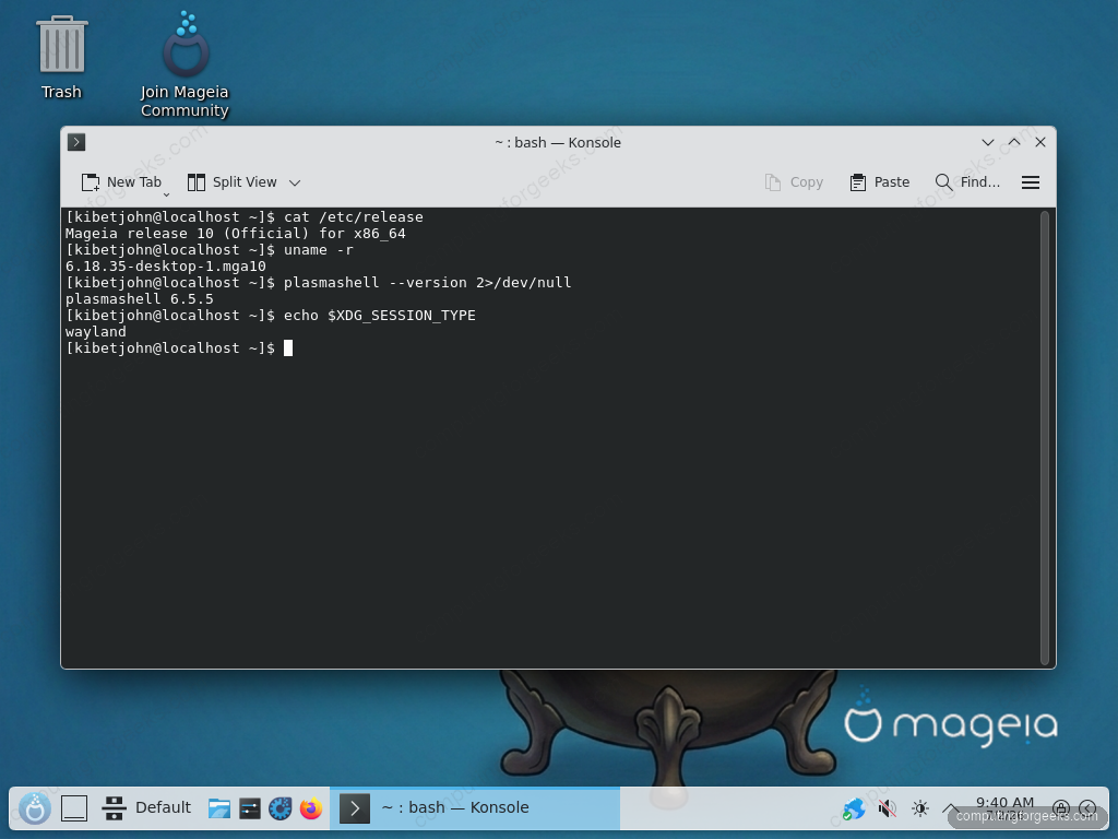Mageia 10 version verification in Konsole showing kernel and Plasma versions
