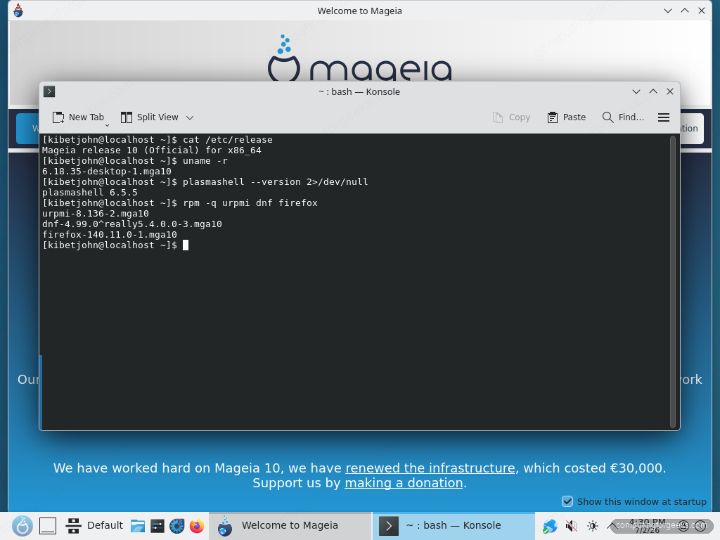Mageia 10 terminal showing release, kernel 6.18, Plasma 6.5.5, urpmi and dnf versions