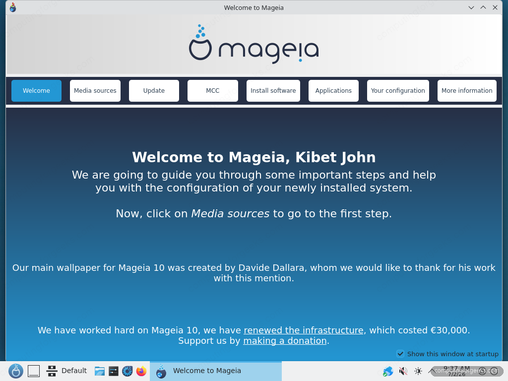 MageiaWelcome first boot screen on Mageia 10 Plasma desktop