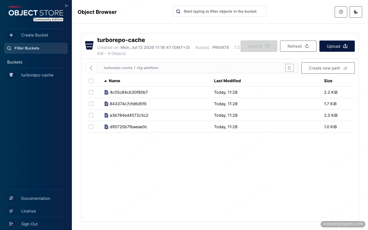 Self-Host a Turborepo Remote Cache with Docker Compose and MinIO 2 MinIO object browser listing Turborepo remote cache artifacts by task hash under the team prefix