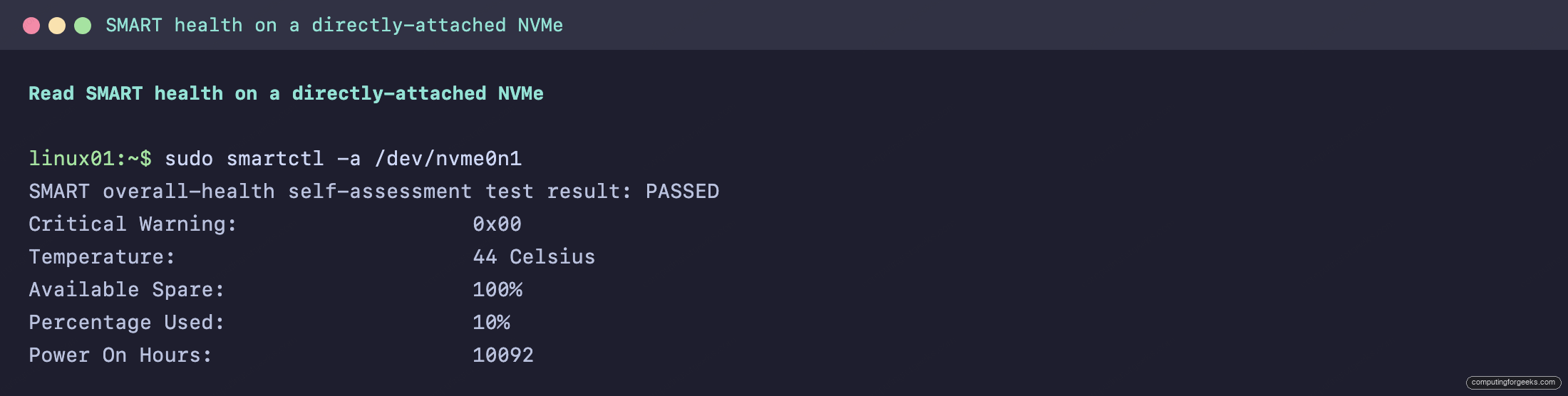 smartctl overall-health PASSED on a directly-attached NVMe in Linux