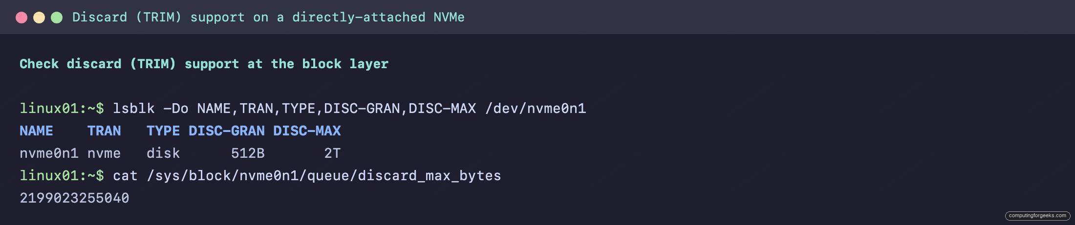lsblk -D showing DISC-MAX and discard_max_bytes on a directly-attached NVMe in Linux