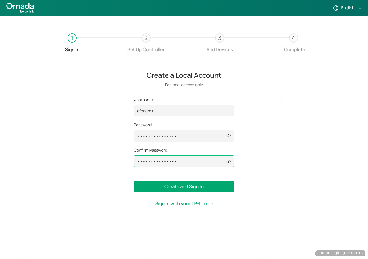 Omada Software Controller first-run wizard, creating a local admin account for local access only
