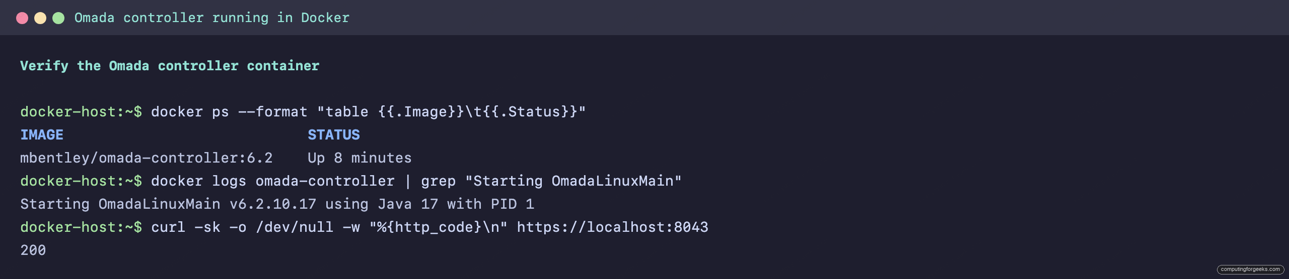 Terminal showing the mbentley Omada controller Docker container running and serving port 8043