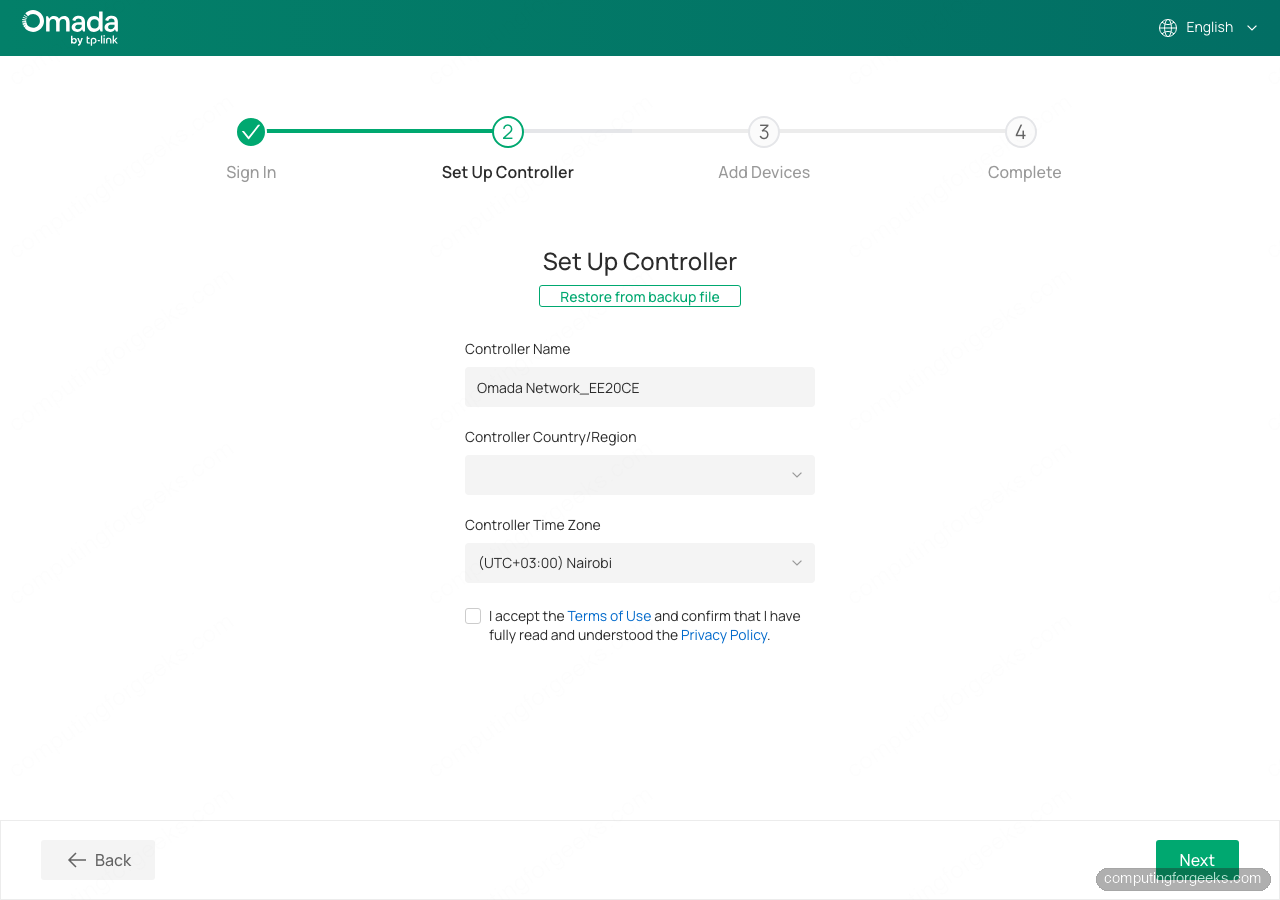 Omada controller setup wizard configuring the controller name, country region, and time zone