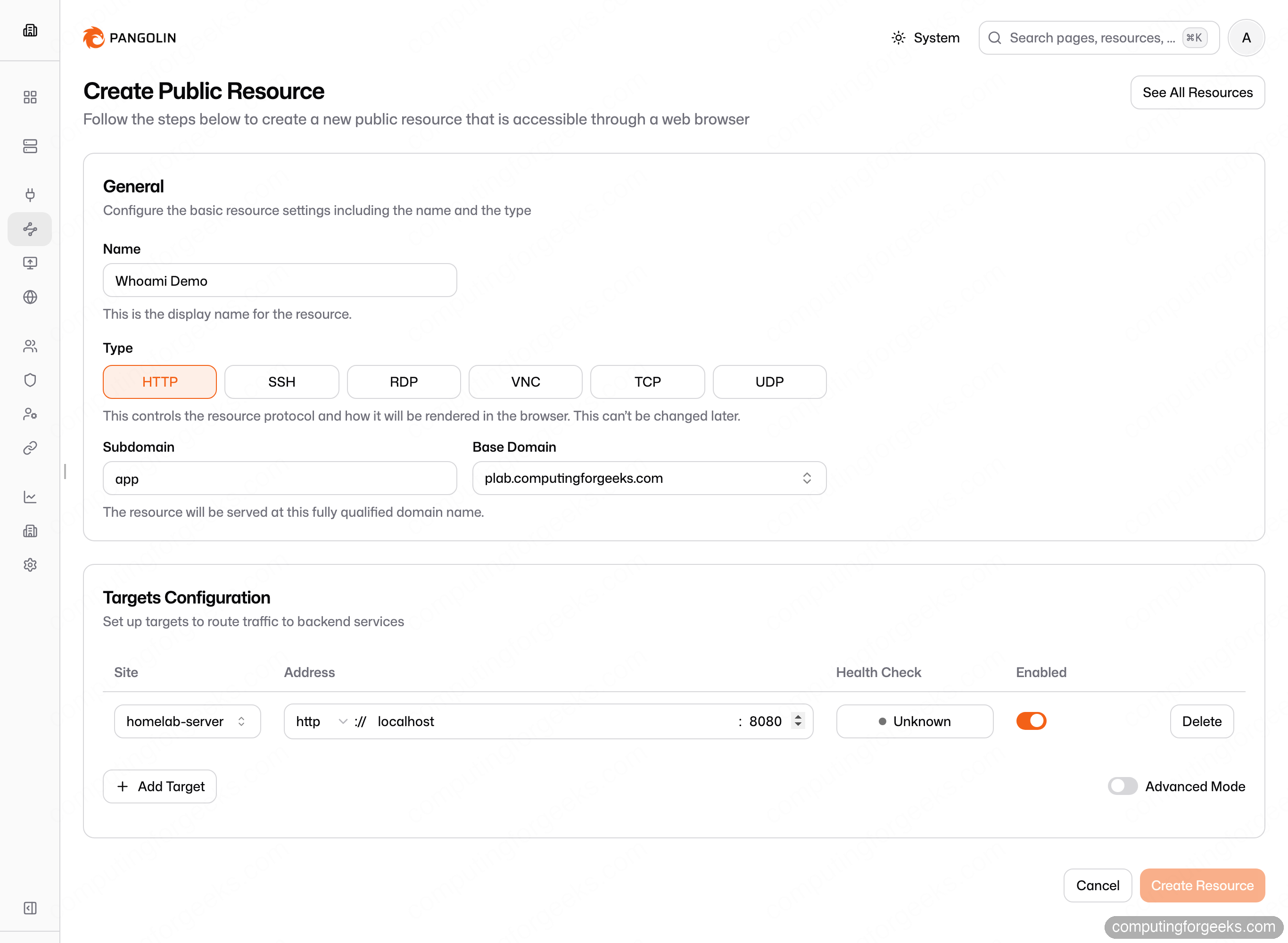 Install Pangolin: Self-Hosted Reverse Proxy With Secure Tunnels 3 Pangolin create public resource form mapping app subdomain to a tunneled homelab target
