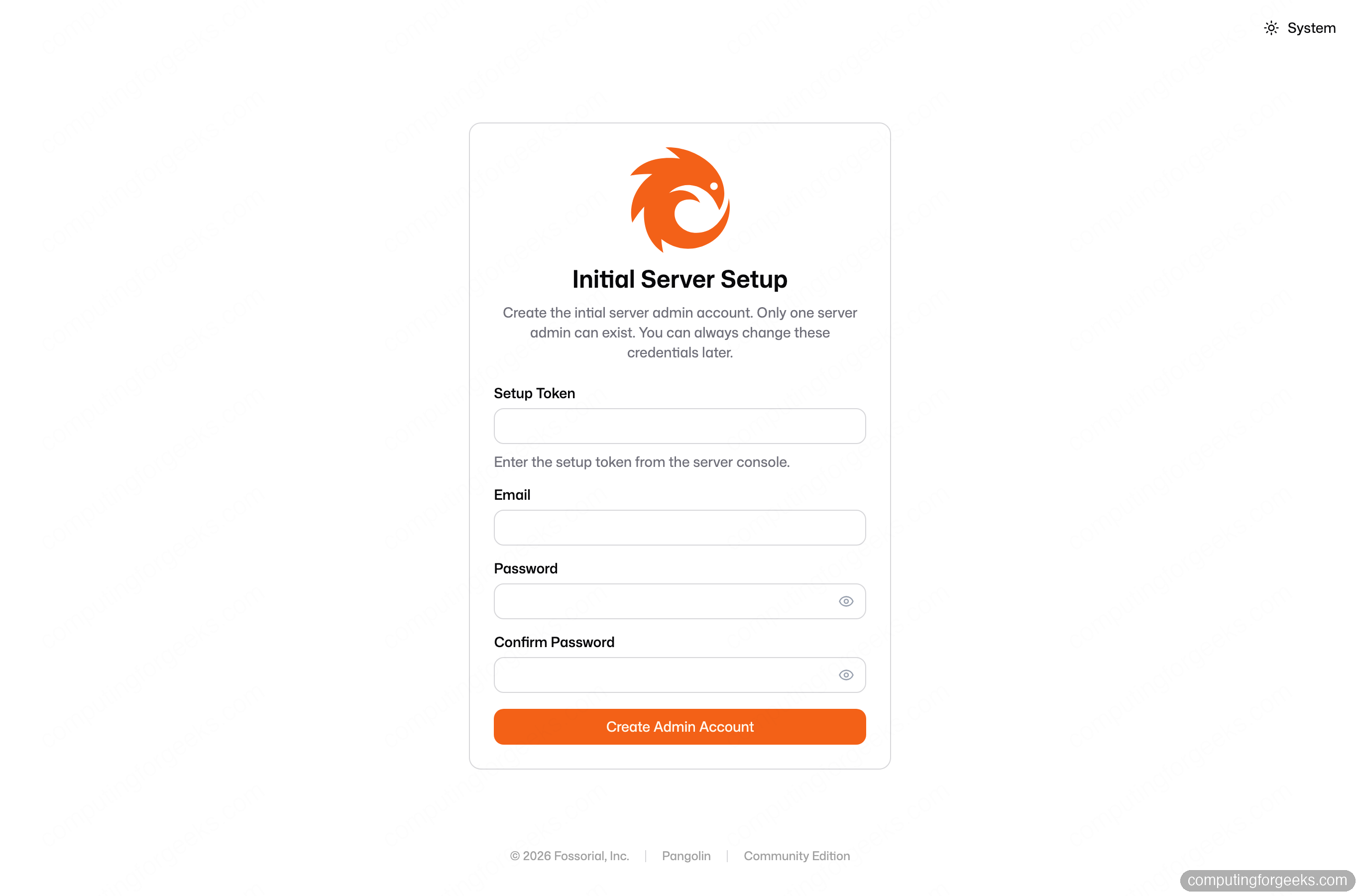 Install Pangolin: Self-Hosted Reverse Proxy With Secure Tunnels 1 Pangolin initial setup page creating the server admin account with a setup token