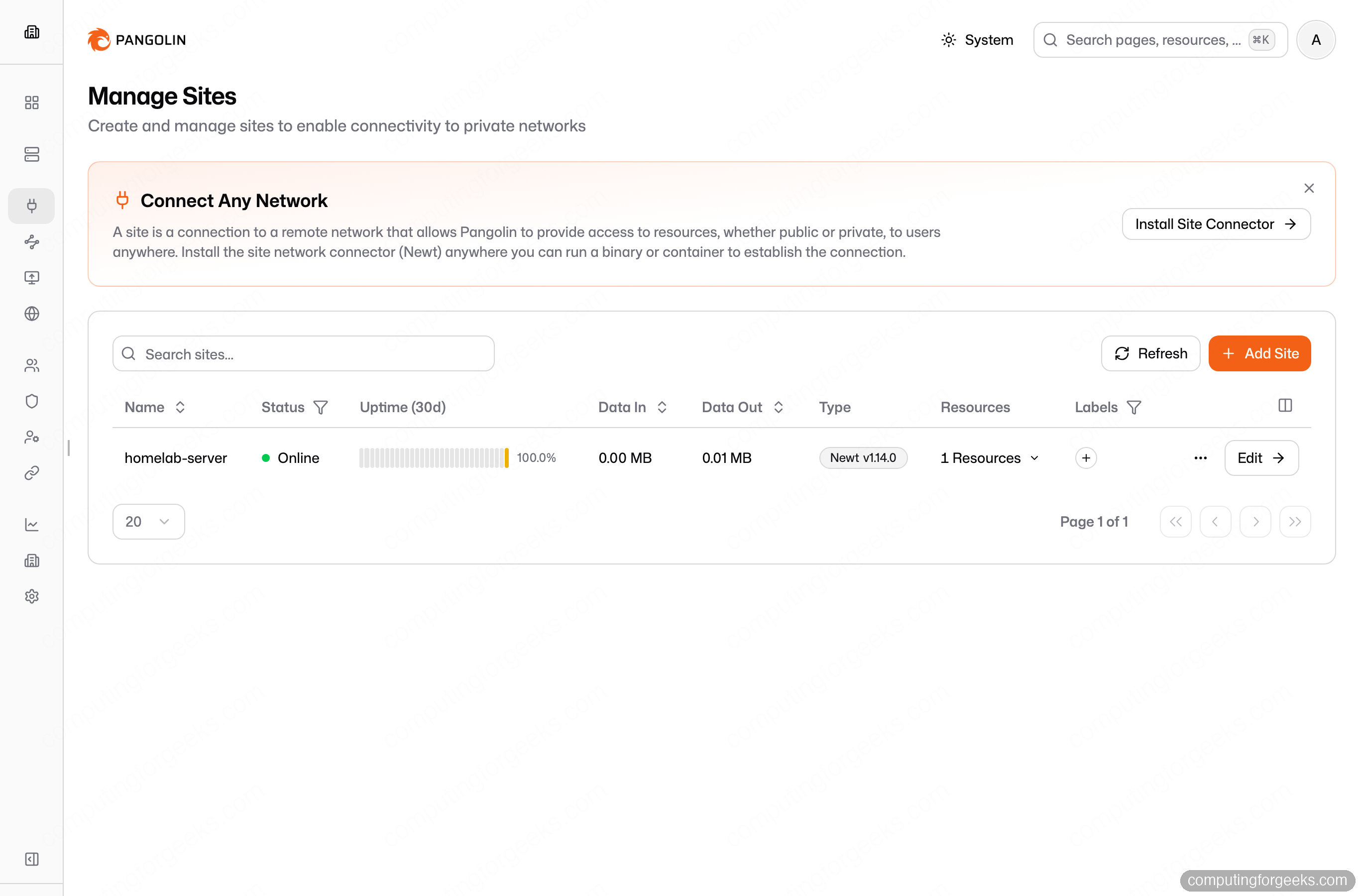 Install Pangolin: Self-Hosted Reverse Proxy With Secure Tunnels 2 Pangolin sites list showing homelab-server online through the Newt connector