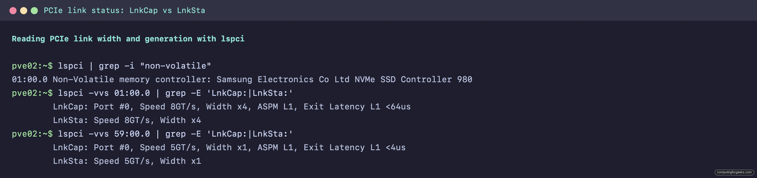 PCIe Lanes Explained for GPU and NVMe Builds 1 lspci LnkCap and LnkSta output showing PCIe lane width and generation negotiated on a real homelab node