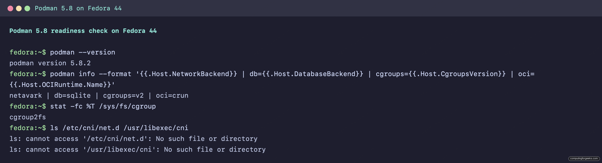 Podman 6.0 Breaking Changes and How to Upgrade 1 Podman 5.8 readiness check on Fedora 44 showing netavark, sqlite, cgroups v2, and pasta