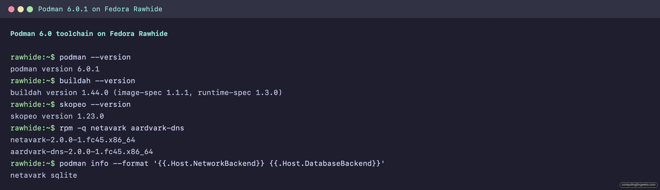 Podman 6.0 Breaking Changes and How to Upgrade 2 Podman 6.0.1, buildah 1.44, skopeo 1.23, netavark 2.0 and aardvark-dns 2.0 on Fedora Rawhide
