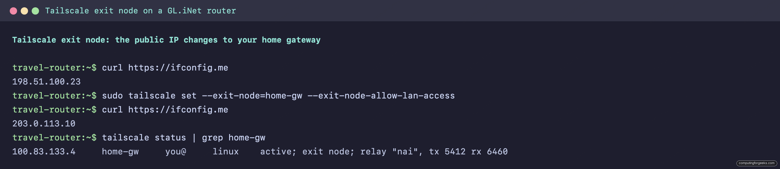 Tailscale exit node on a GL.iNet travel router: public IP changes to the home gateway