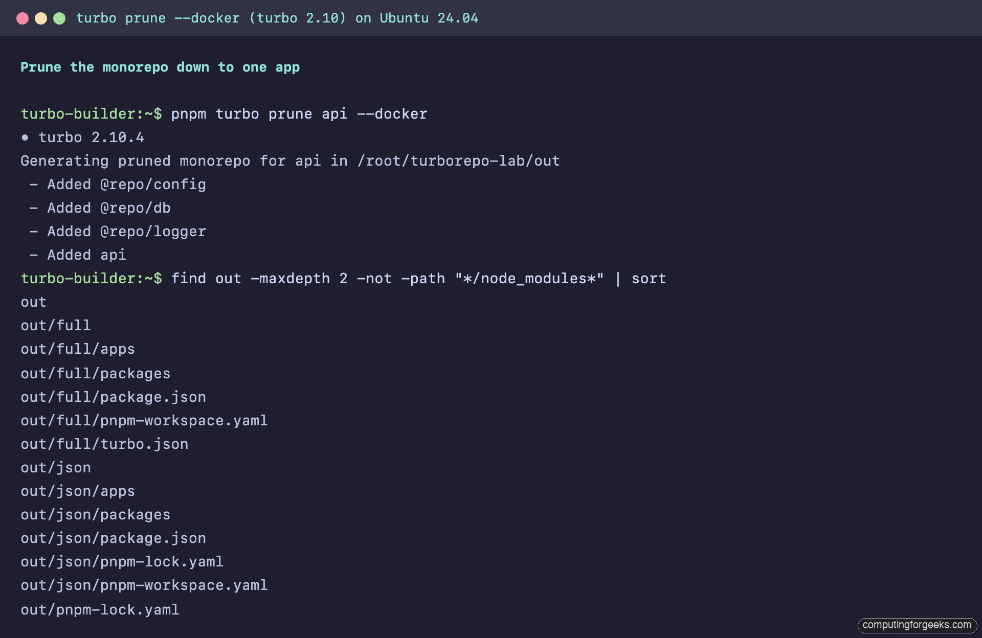 Turborepo Docker Builds: turbo prune, Small Images, CI Caching 1 turbo prune api --docker output with the out/json and out/full directory tree