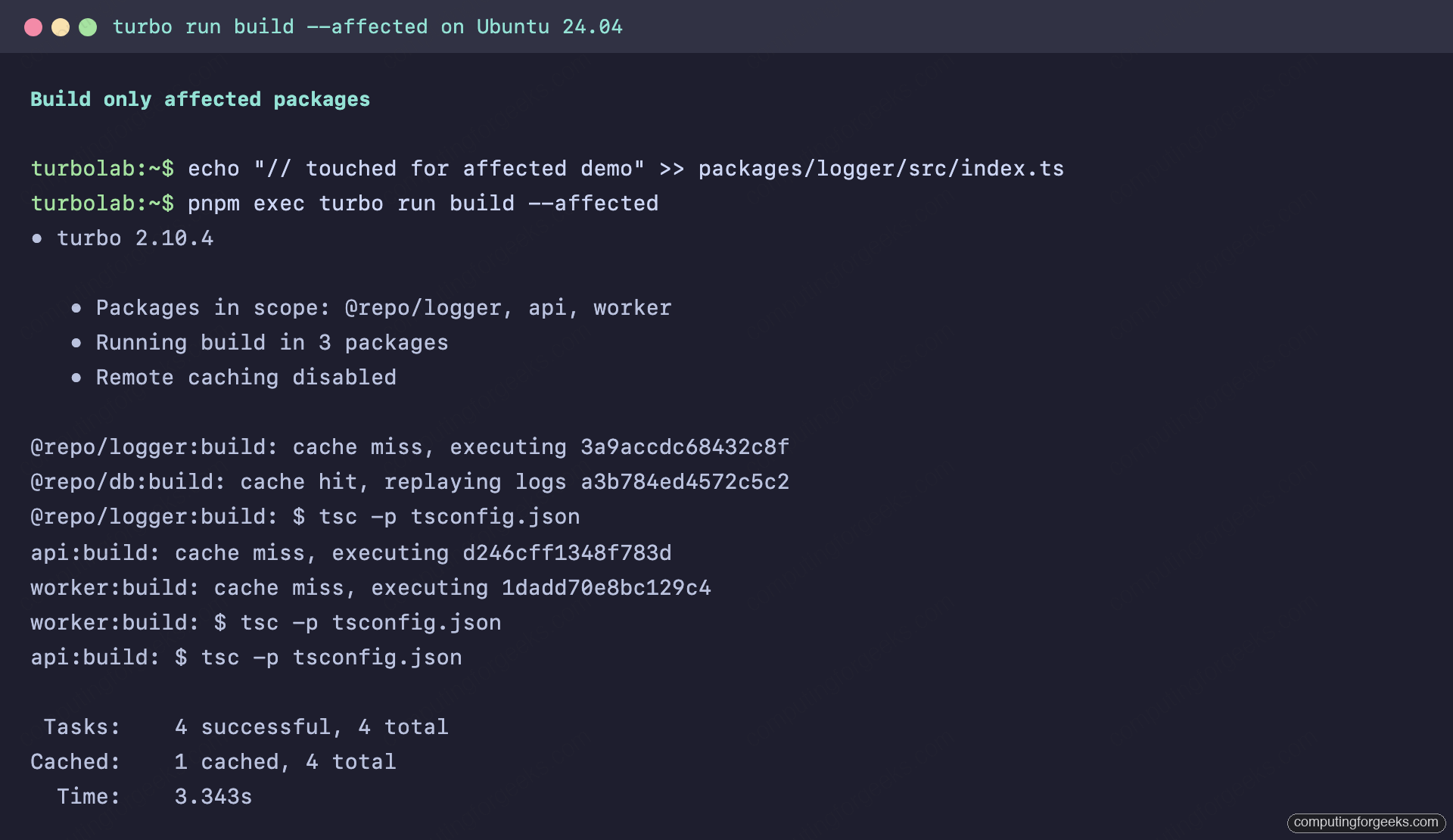 Set Up a Production-Grade Monorepo with Turborepo and pnpm 2 turbo run build --affected rebuilding only the changed logger package and its dependents