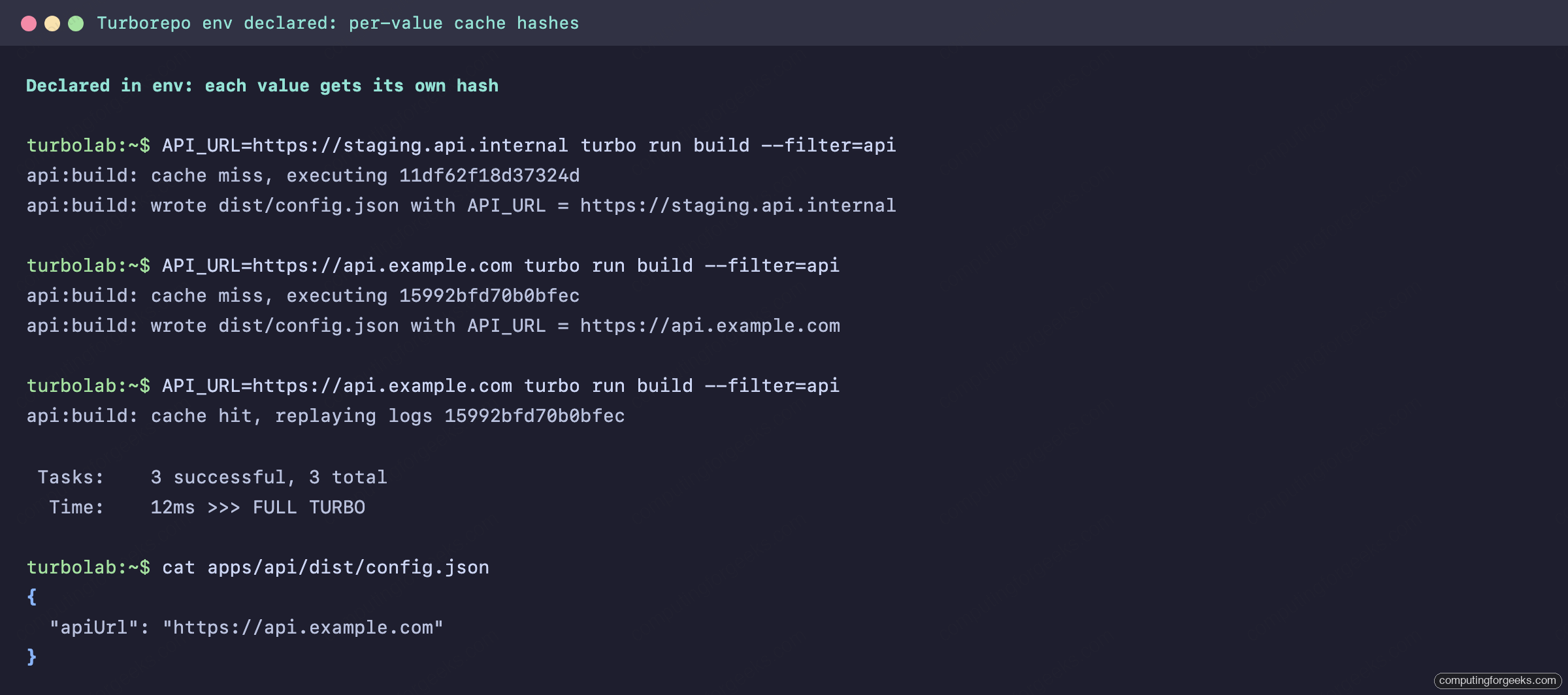 Turborepo Cache Misses and Environment Variables: Debugging Guide 2 Turborepo cache miss and hit behavior with API_URL declared in the turbo.json env key, each value producing a distinct task hash