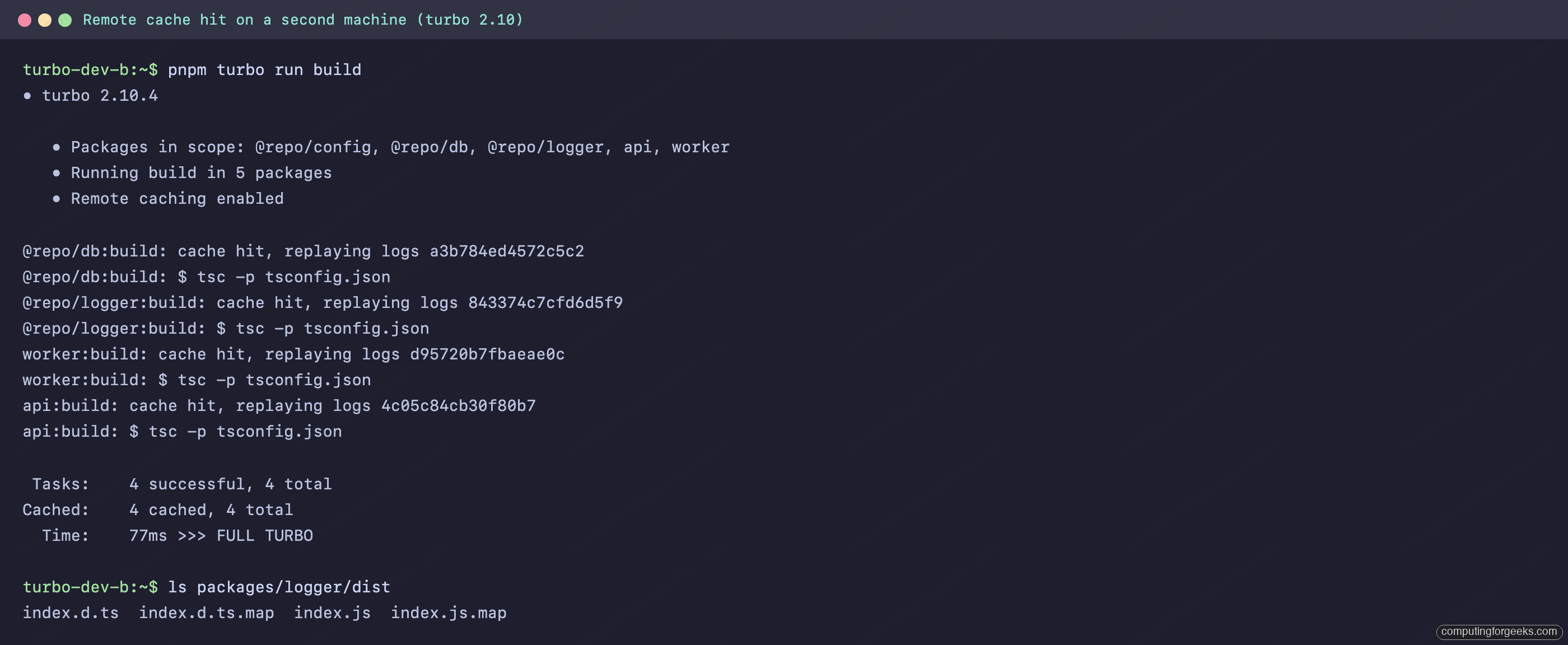 Self-Host a Turborepo Remote Cache with Docker Compose and MinIO 3 Turborepo remote cache hit showing FULL TURBO in 77ms on a second machine that never built the repo