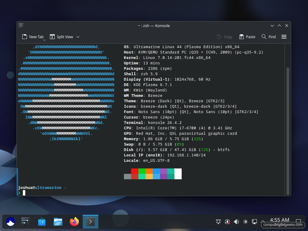 Fastfetch output on the Ultramarine Linux 44 KDE Plasma 6.7 desktop showing kernel 7.0