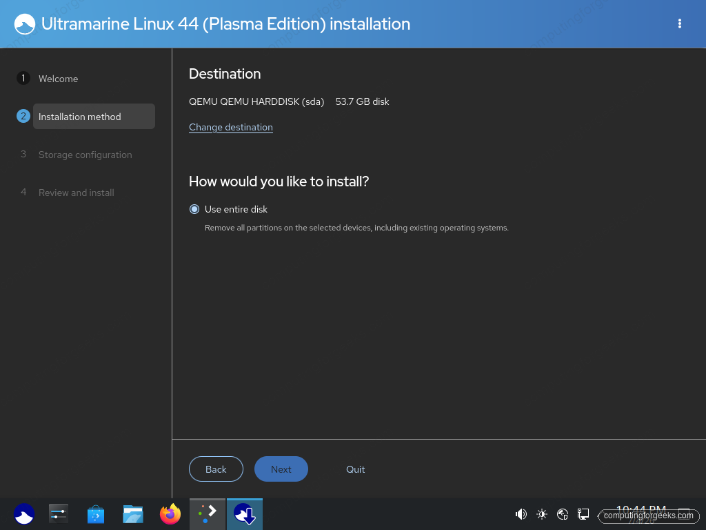 Ultramarine Linux 44 installer destination disk with Use entire disk option