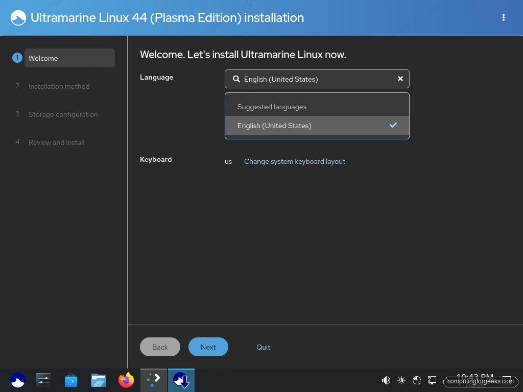 Selecting English United States language in the Ultramarine Linux 44 Anaconda installer