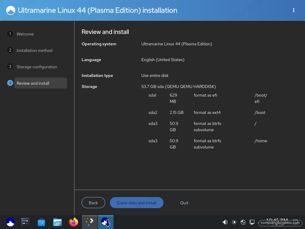 Ultramarine Linux 44 review and install screen showing default Btrfs partition layout
