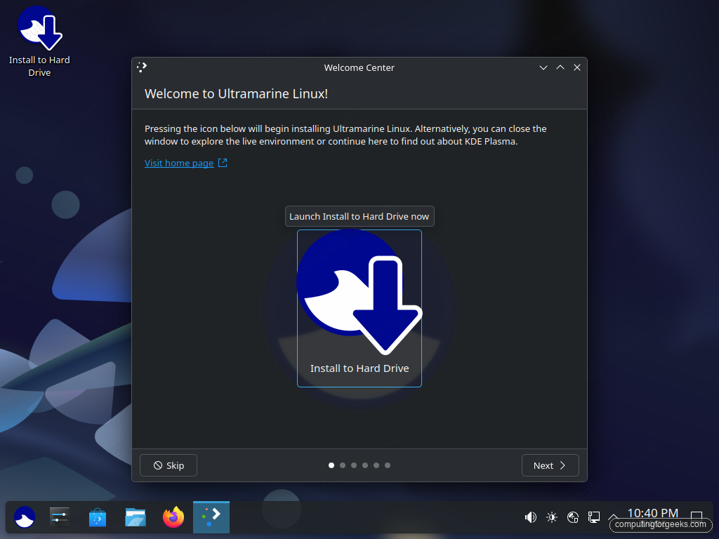Ultramarine Linux 44 live session Welcome Center with Install to Hard Drive button