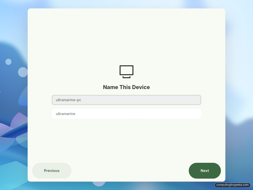 Taidan Name This Device screen setting the hostname on Ultramarine Linux 44