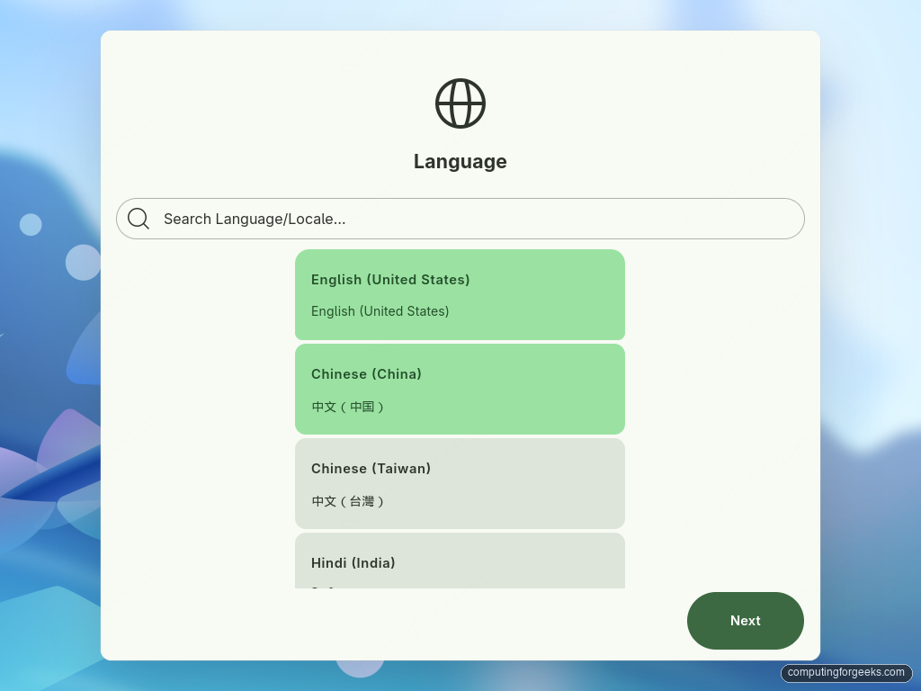 Taidan first boot setup language selection on Ultramarine Linux 44