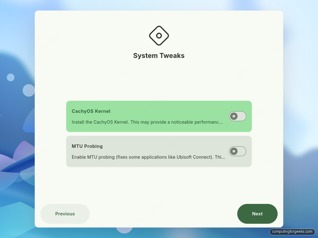 Taidan System Tweaks screen with CachyOS kernel and MTU probing toggles on Ultramarine Linux 44
