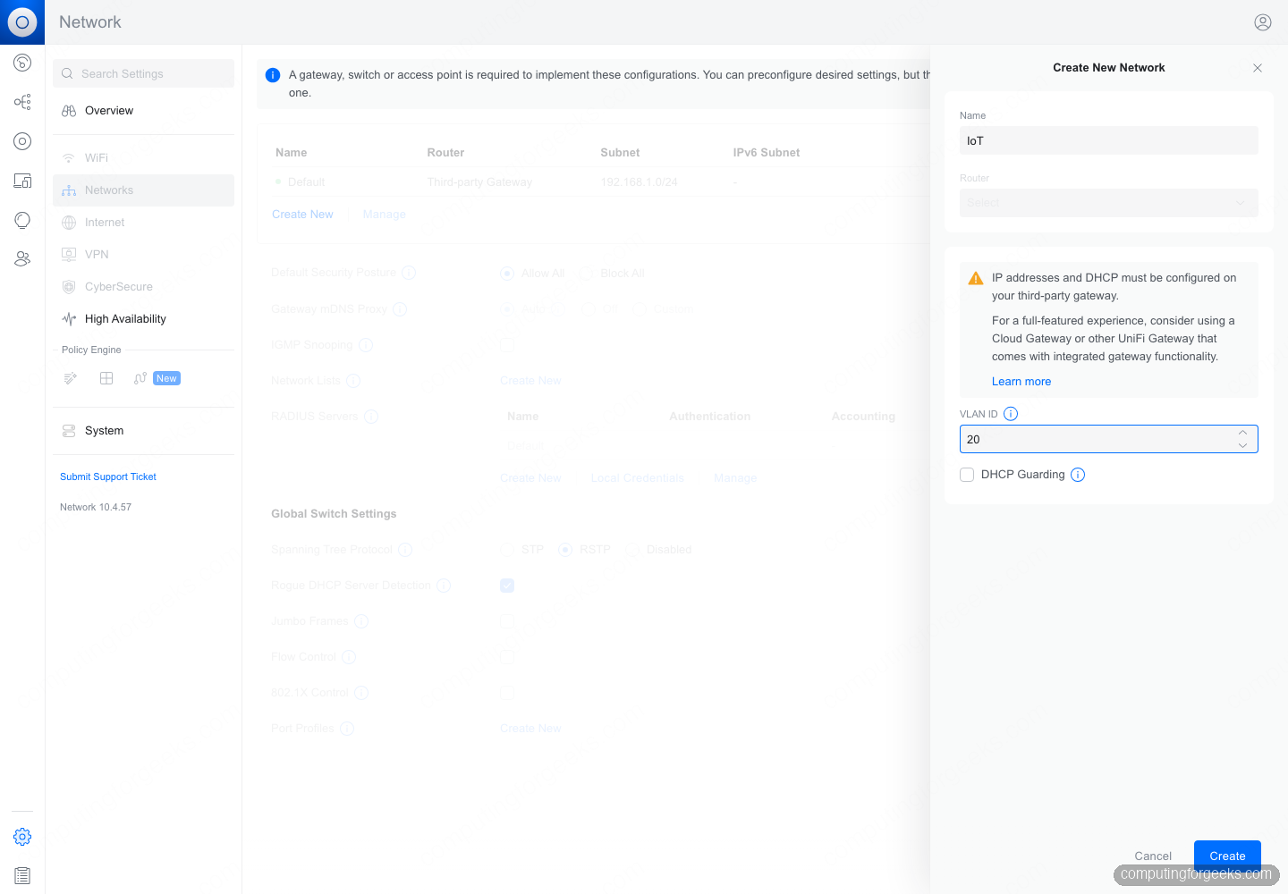Creating a VLAN network with VLAN ID 20 in the self-hosted UniFi Network controller running in Docker