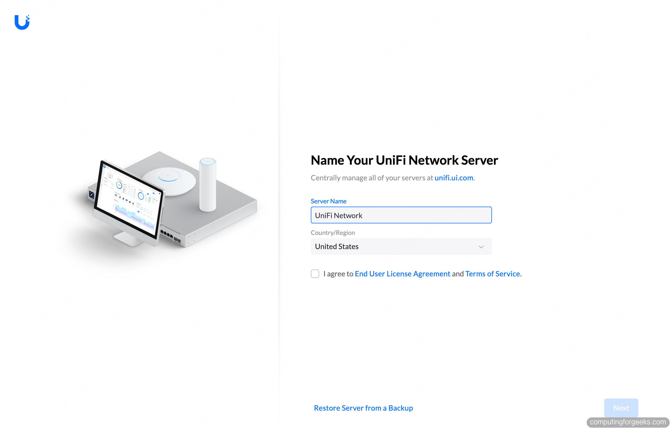 UniFi Network Application setup wizard naming the controller server, running in Docker