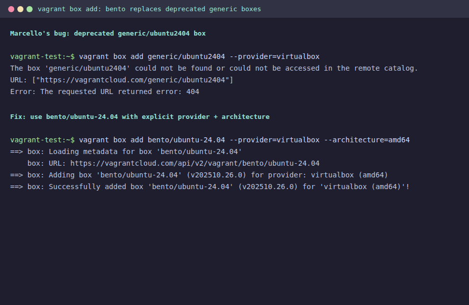 Installation of Vagrant on Ubuntu 24.04|22.04|20.04 2 vagrant box add failing for generic ubuntu2404 then succeeding for bento ubuntu-24.04